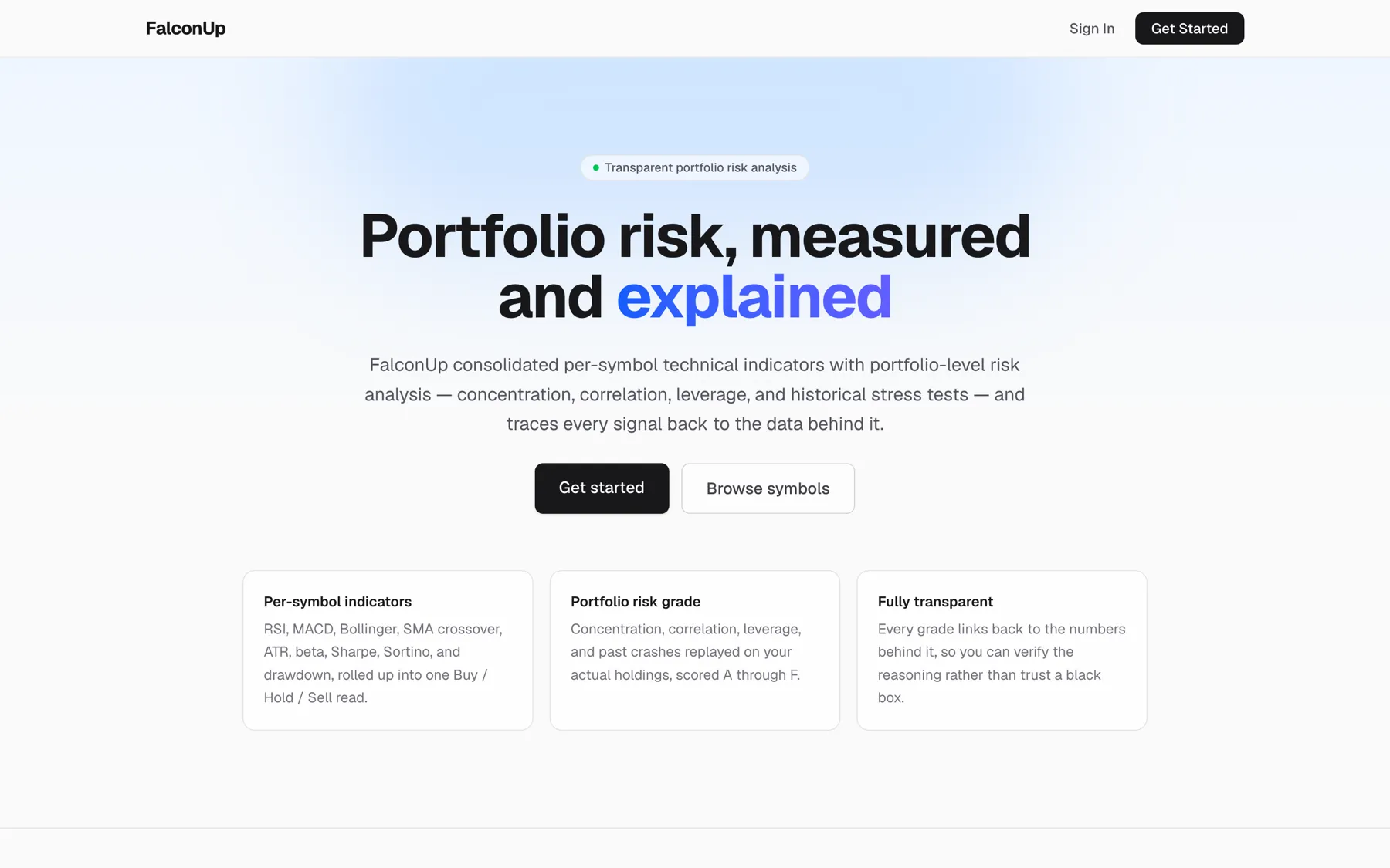 The FalconUp landing page: a heading reading "Portfolio risk, measured and explained", with cards for per-symbol indicators, portfolio risk grade, and full transparency.
