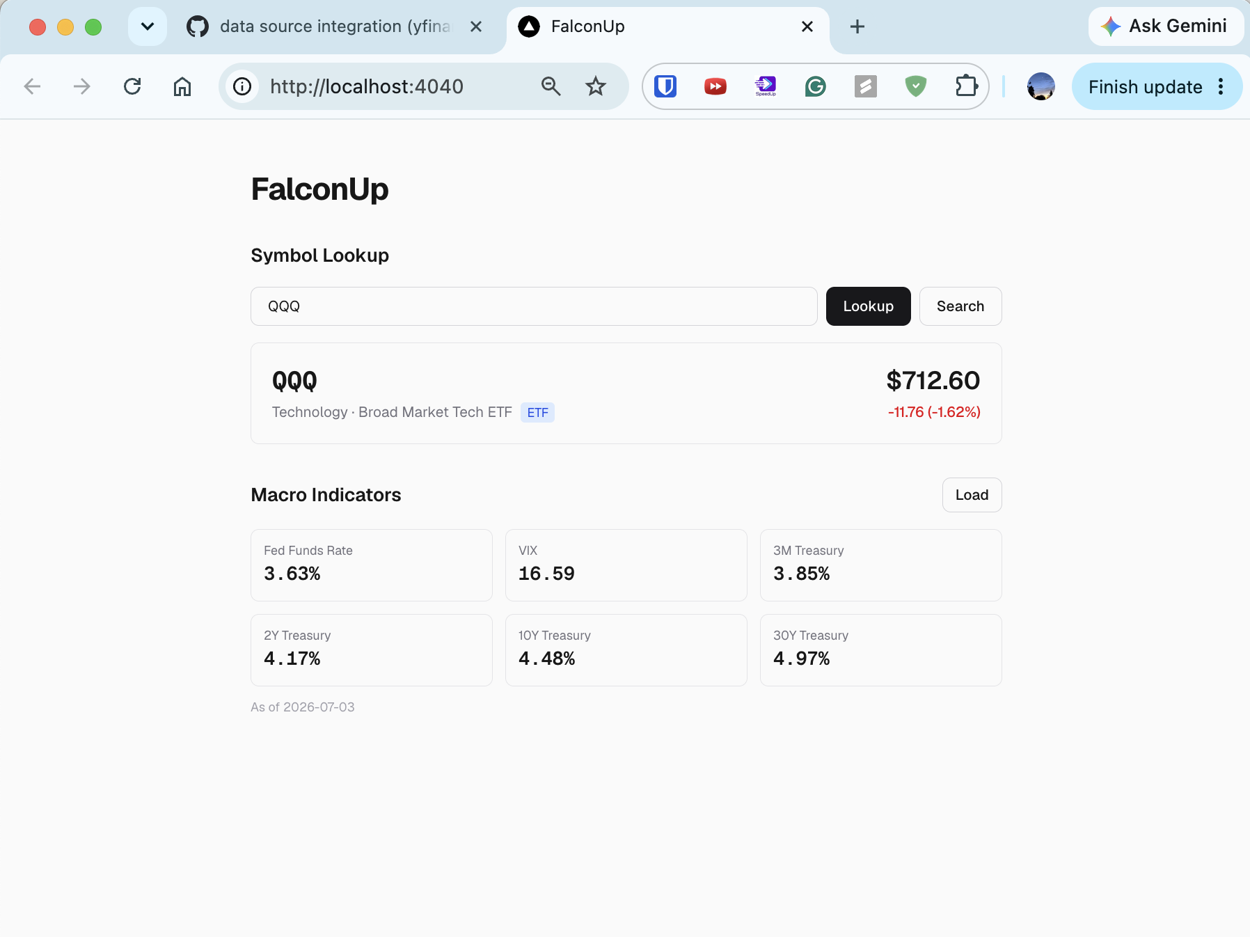 The first FalconUp frontend pulling live quote data