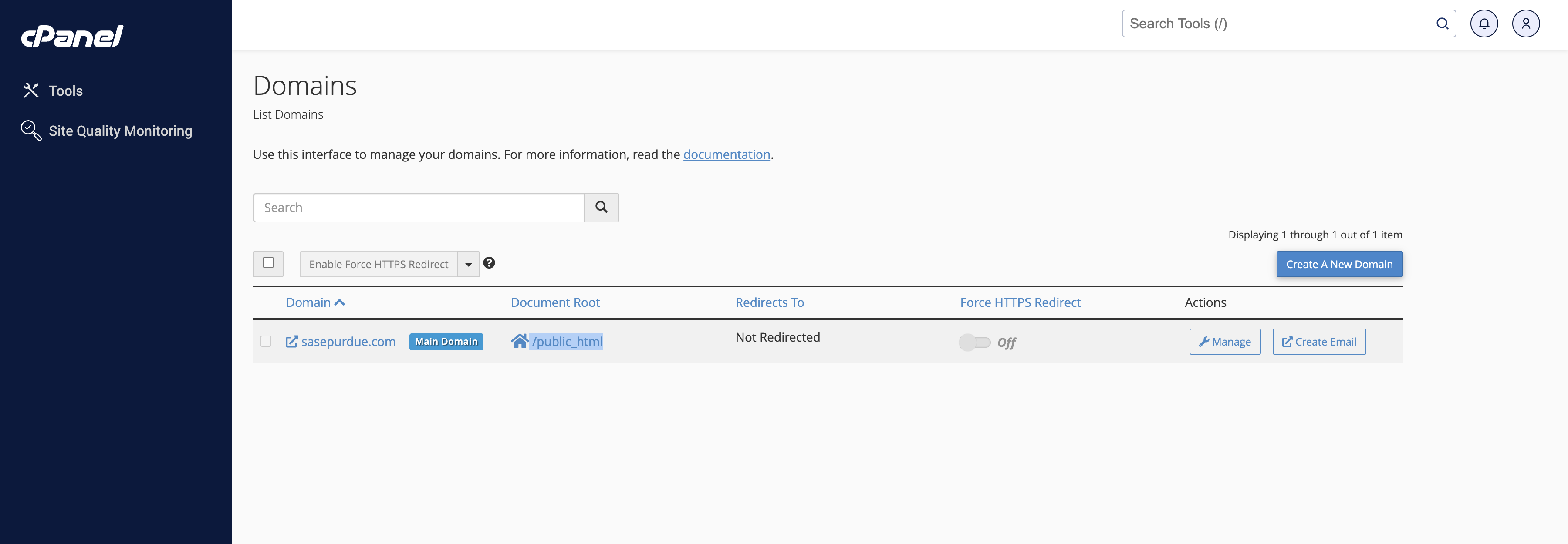HostGator cPanel showing document root