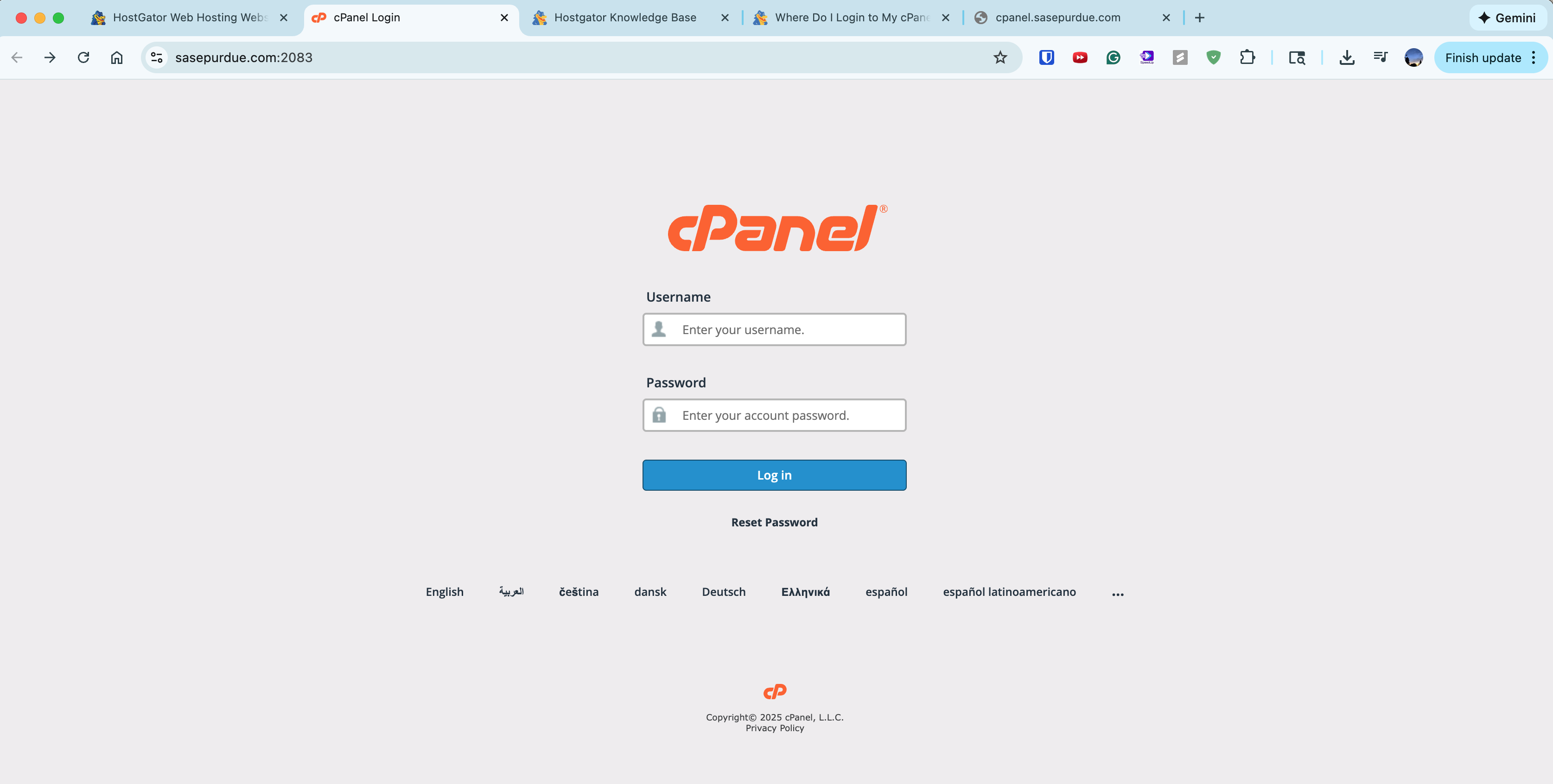 cPanel login page