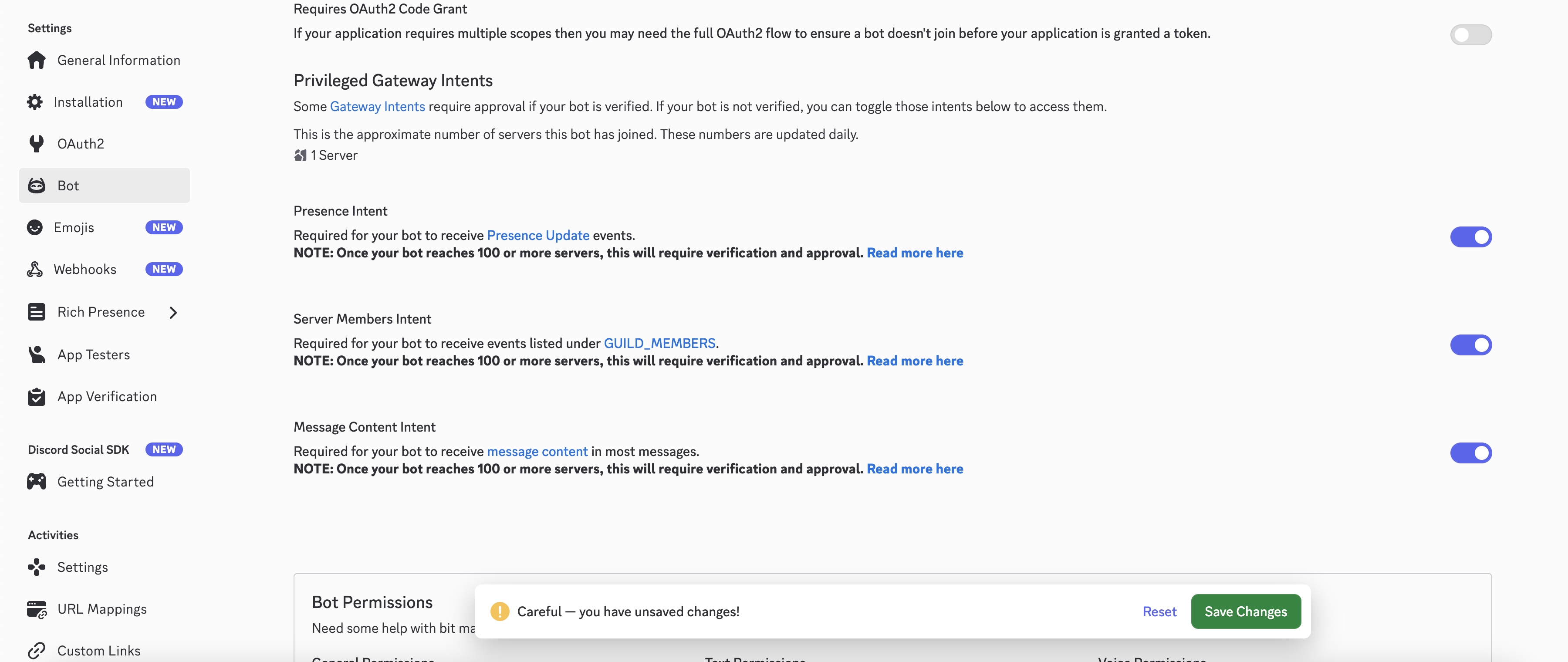 Discord bot permissions error