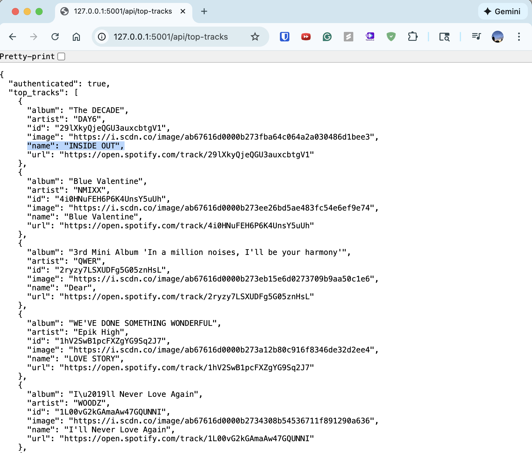 Top tracks API response