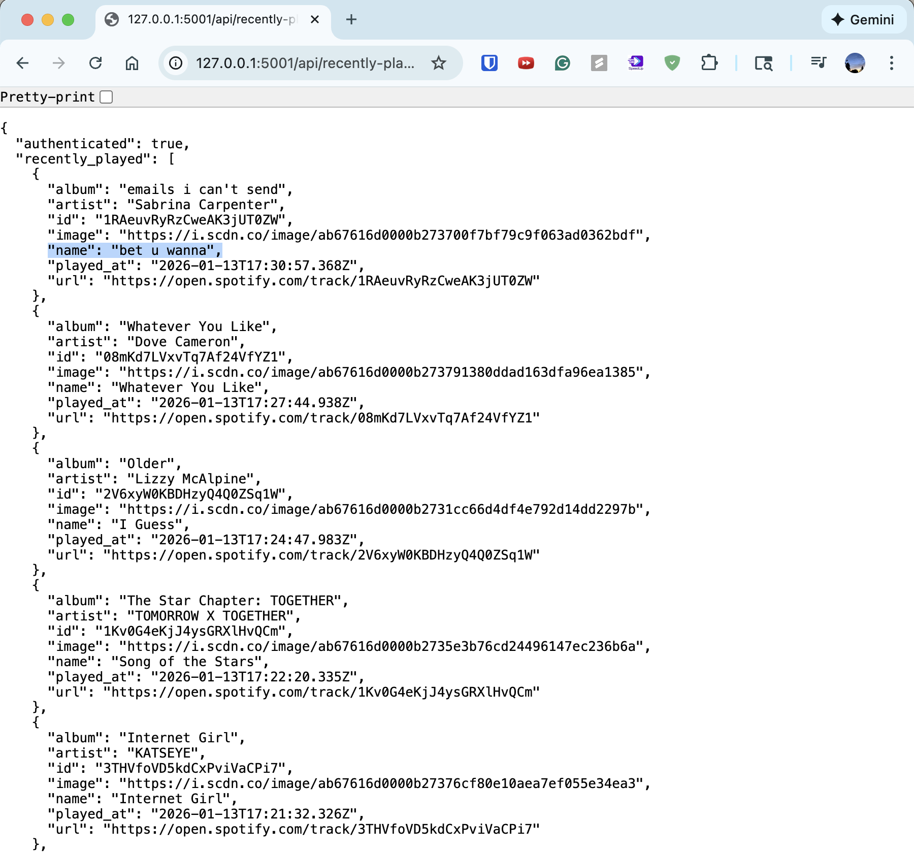 Recently played API response