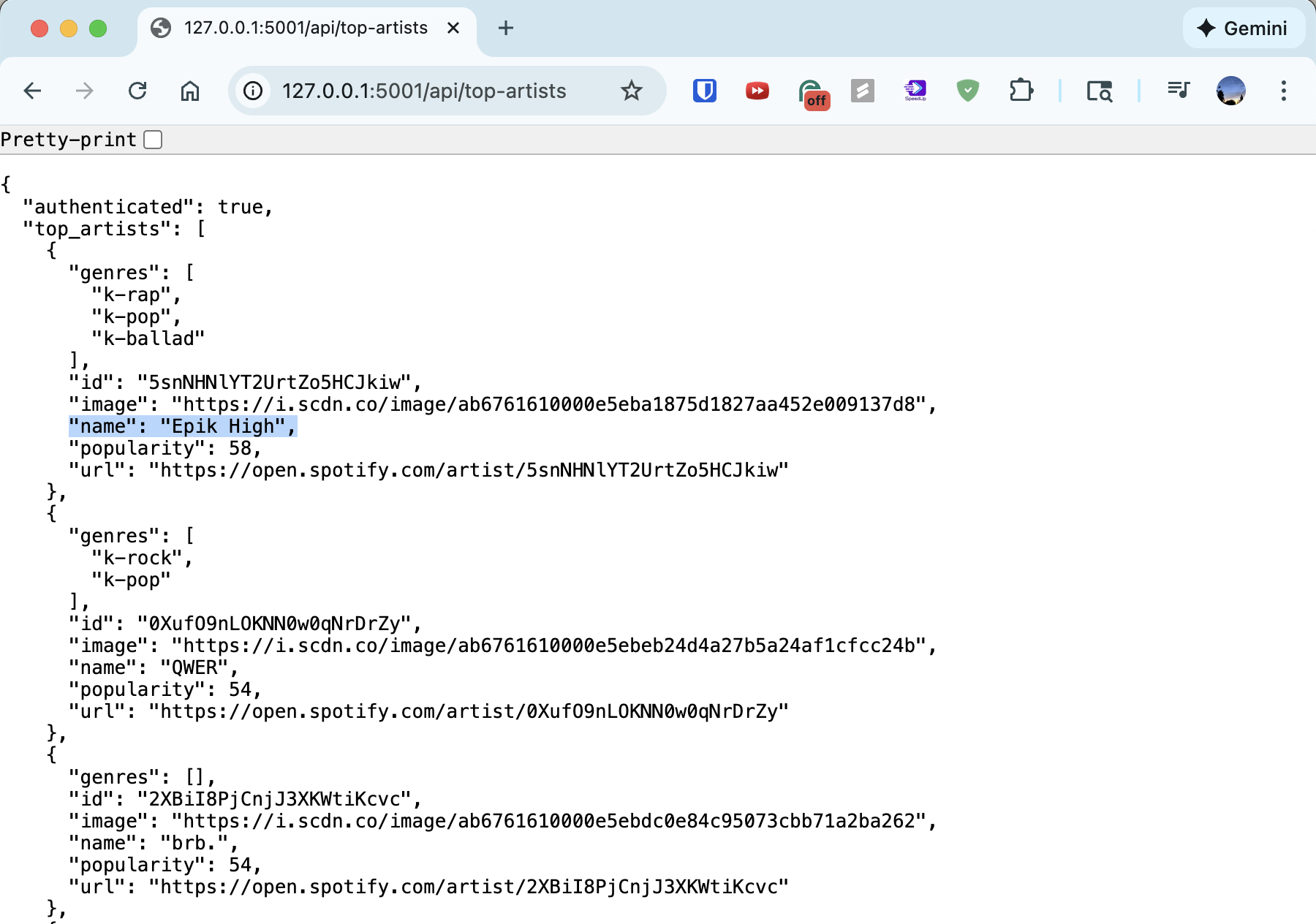 Top artists API response